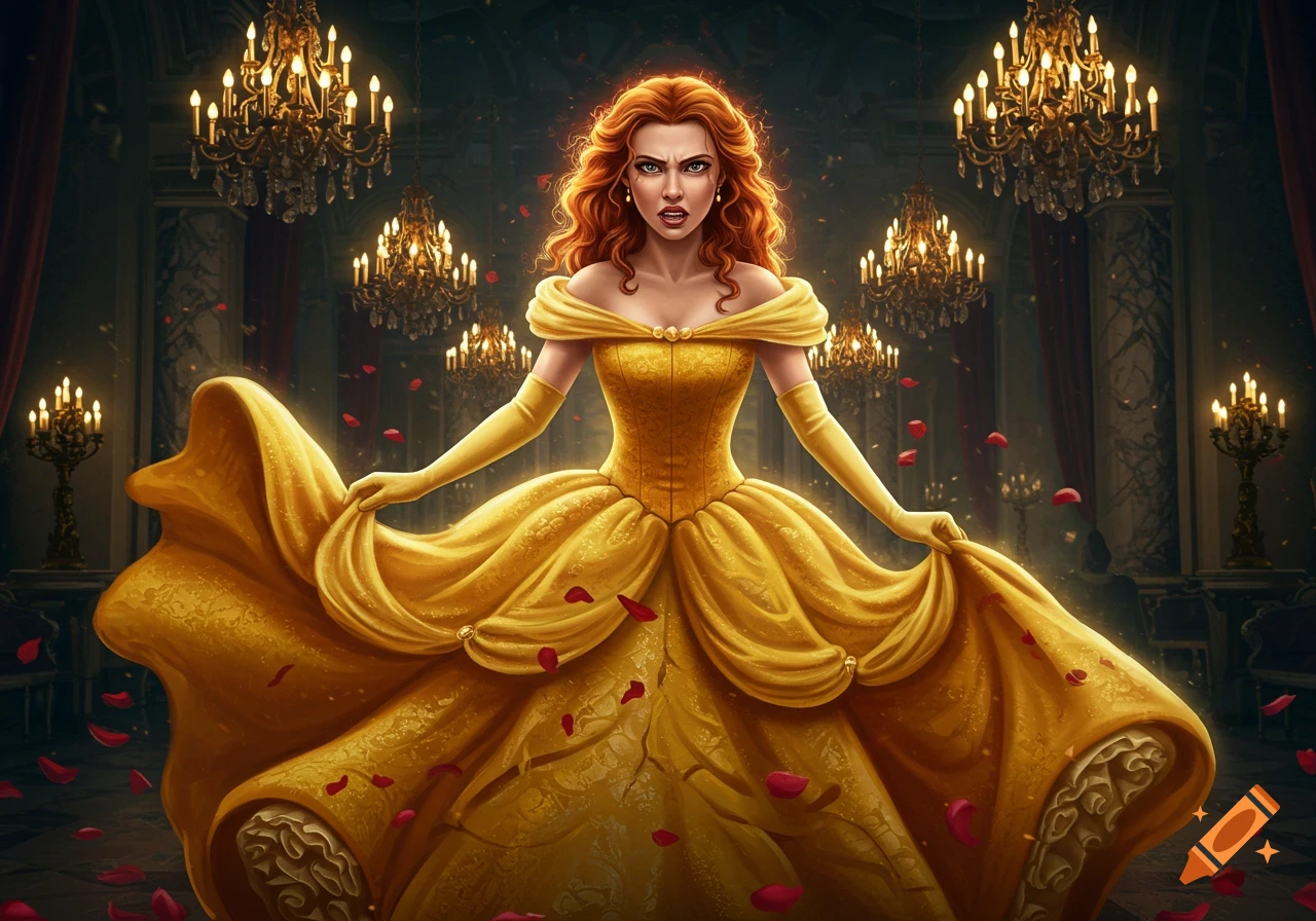 An angry princess with long red hair wears a golden off-the-shoulder ball gown in a grand ballroom with chandeliers and falling rose petals.