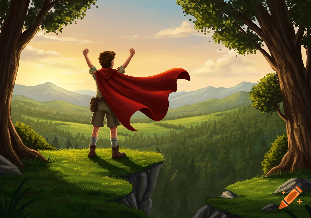 A young boy in a scout uniform and a red superhero cape stands on a cliff, arms raised, overlooking a vast green valley and mountains at sunset.