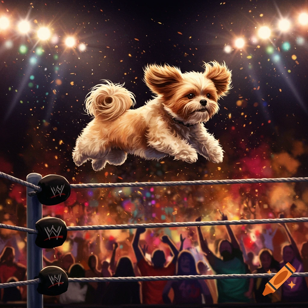 A fluffy Shih Tzu dog leaps dramatically over the ropes in a wrestling ring, with a blurry crowd and bright lights in the background.