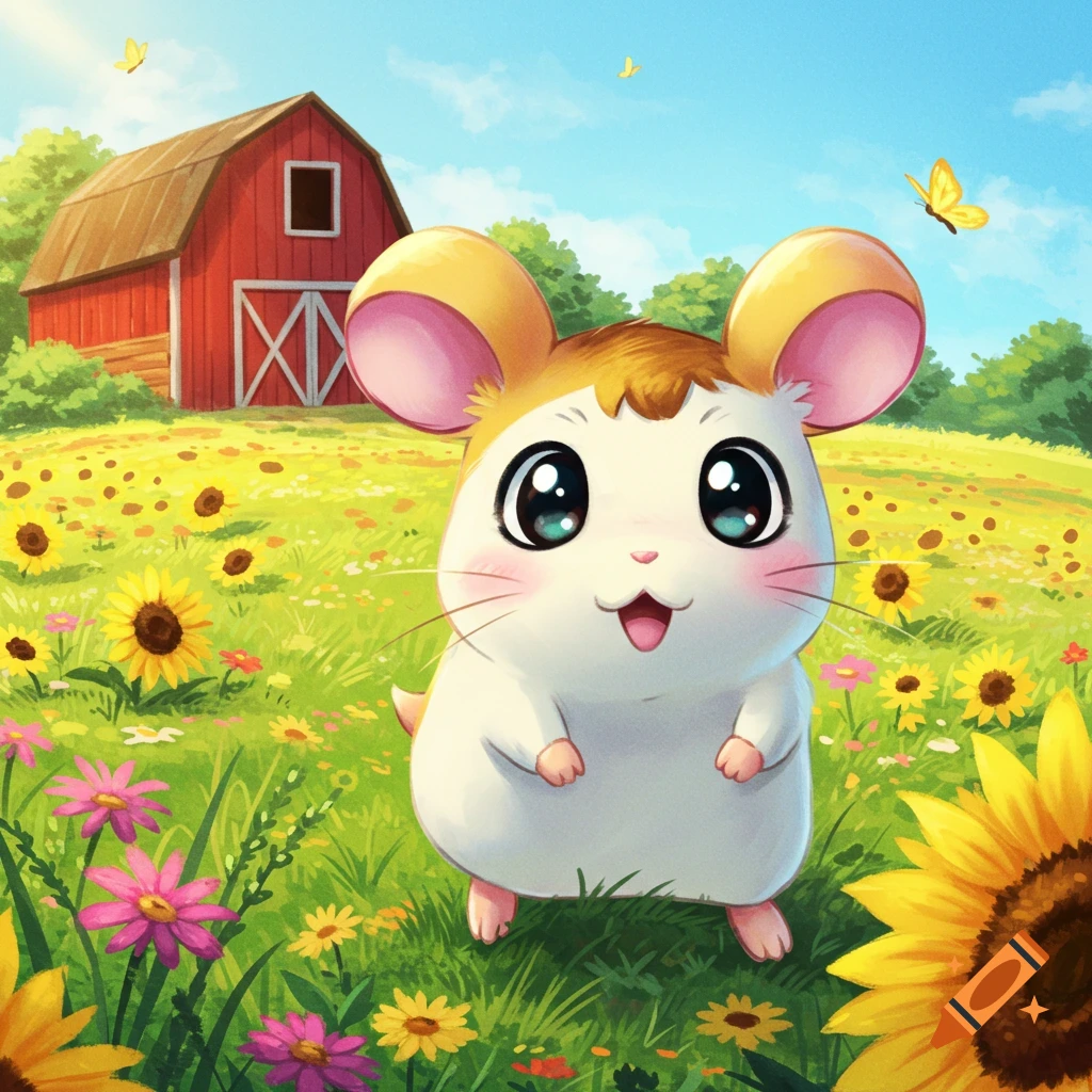 A cute cartoon hamster with large eyes and pink cheeks stands in a sunny field filled with sunflowers and colorful flowers, with a red barn in the background.