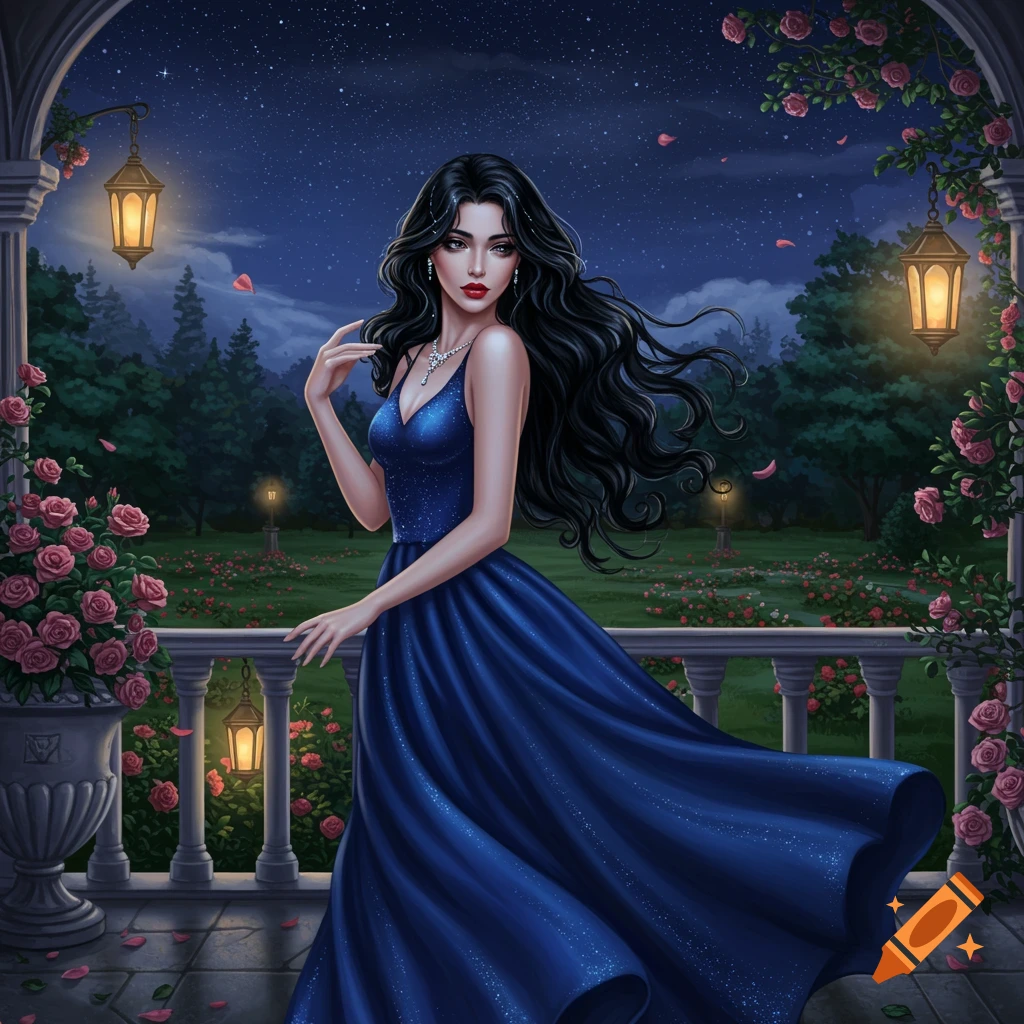 A beautiful woman with long dark hair in a sparkling blue gown stands on a moonlit balcony adorned with pink roses and lanterns.