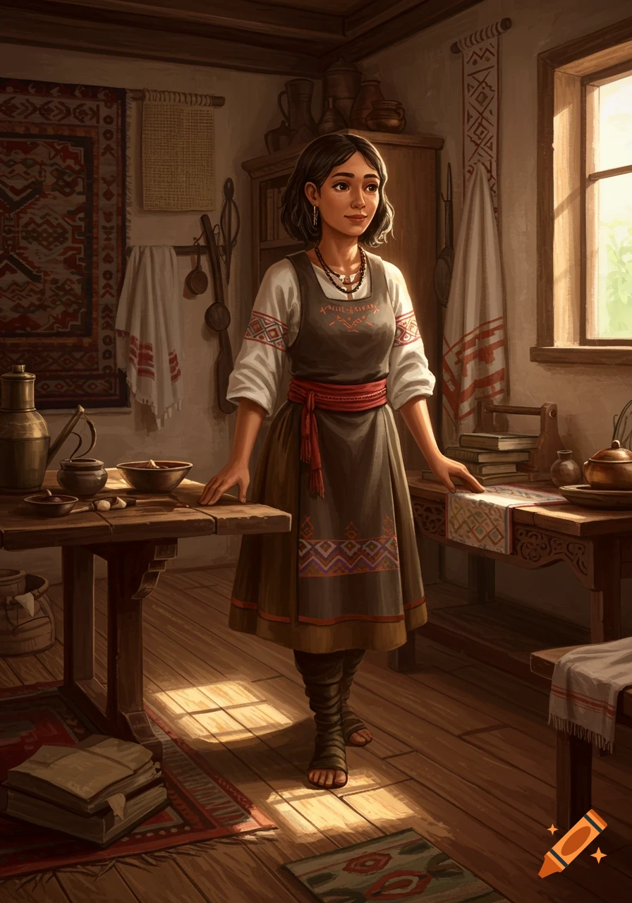An illustration of a young woman in traditional attire, standing in a rustic room with wooden furniture and patterned textiles, bathed in sunlight.
