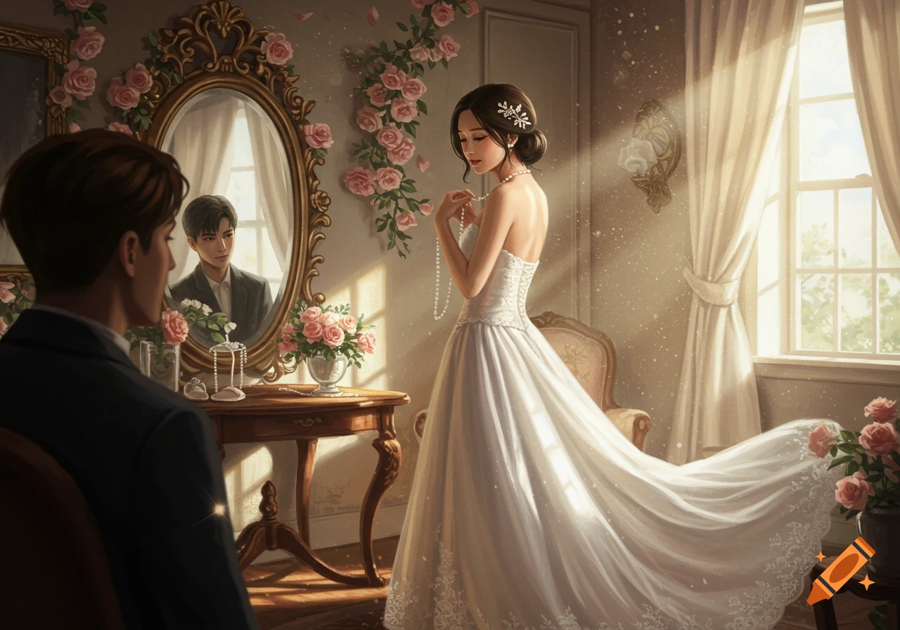 An illustrated wedding scene with a bride in a white gown holding pearls, and a groom watching her reflection in an ornate mirror.