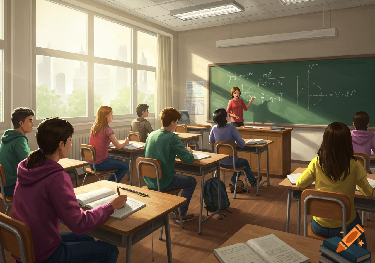 High school students sit at desks, taking notes in a bright classroom while a female teacher points to equations on a blackboard.