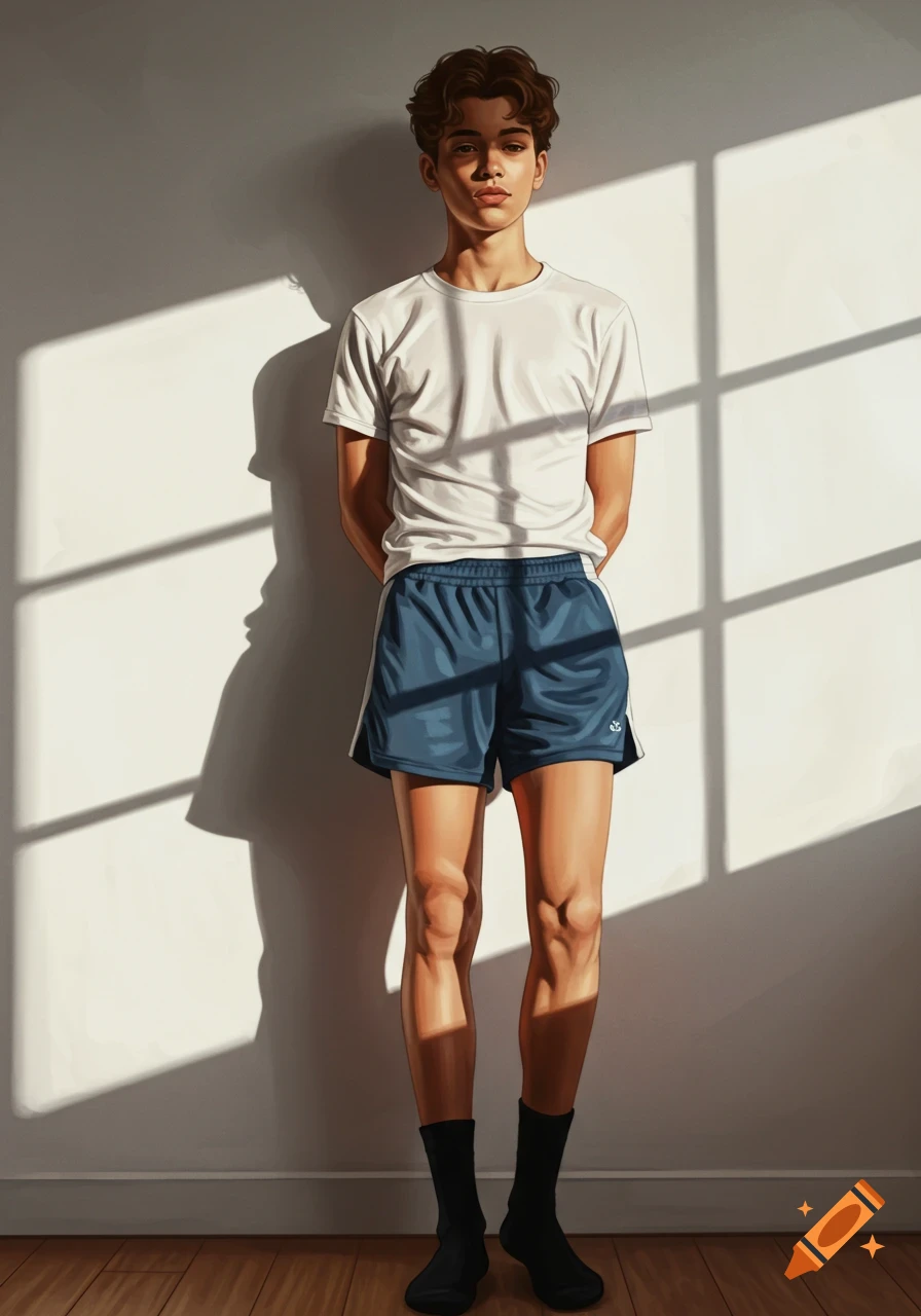 A full-body illustration of a teenage boy with tan skin, wearing a white t-shirt, blue athletic shorts, and black socks, standing against a white wall with sunlit shadows.