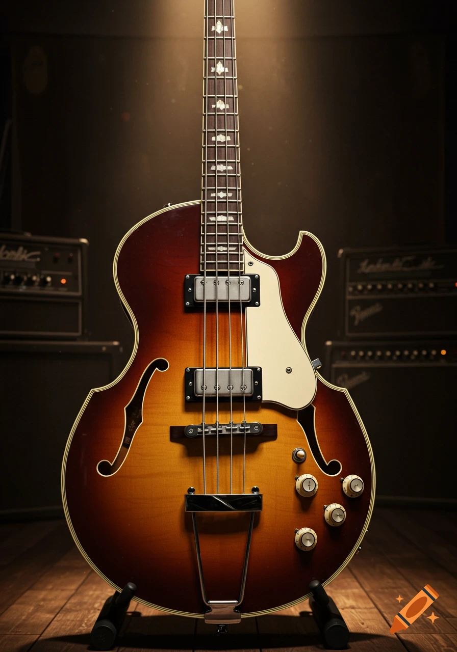 A close-up, photorealistic image of a vintage-style sunburst electric bass guitar standing on a wooden floor, with blurred amplifiers in the background.