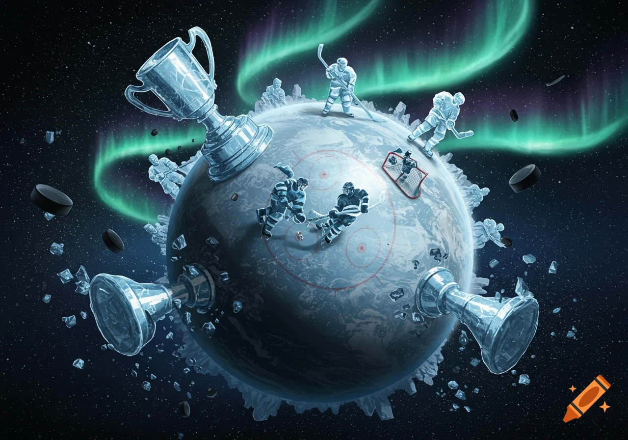 Stylized planet as a hockey rink in space with ice hockey players, trophies, pucks, and aurora borealis.