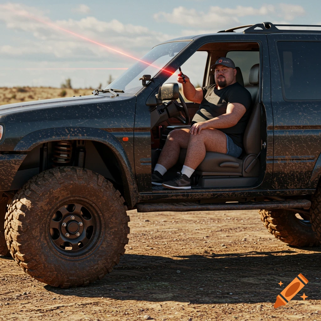 A large man sits in the driver's seat of a muddy black Nissan Pathfinder 4x4 with large tires, holding a red laser pointer that emits a red beam across the windshield, under a blue sky.