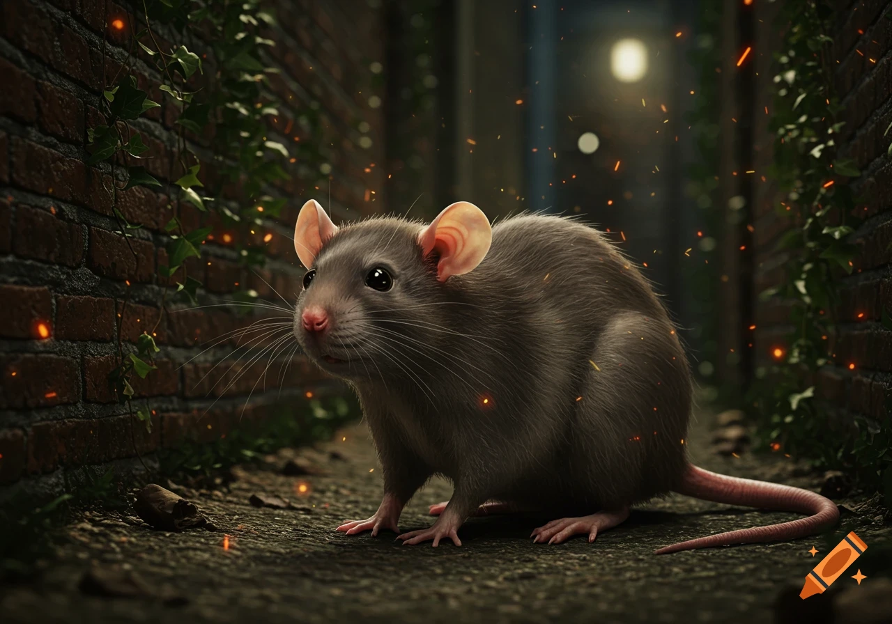 A photorealistic rat crouches in a dark, narrow brick alleyway with ivy, illuminated by scattered orange light.