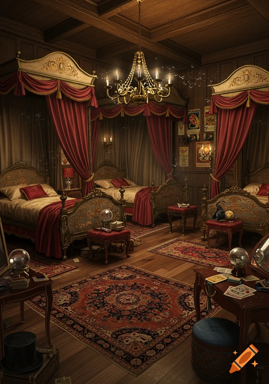 A richly decorated, old-timey magician's themed bedroom with ornate beds, red drapes, a chandelier, and magic props.