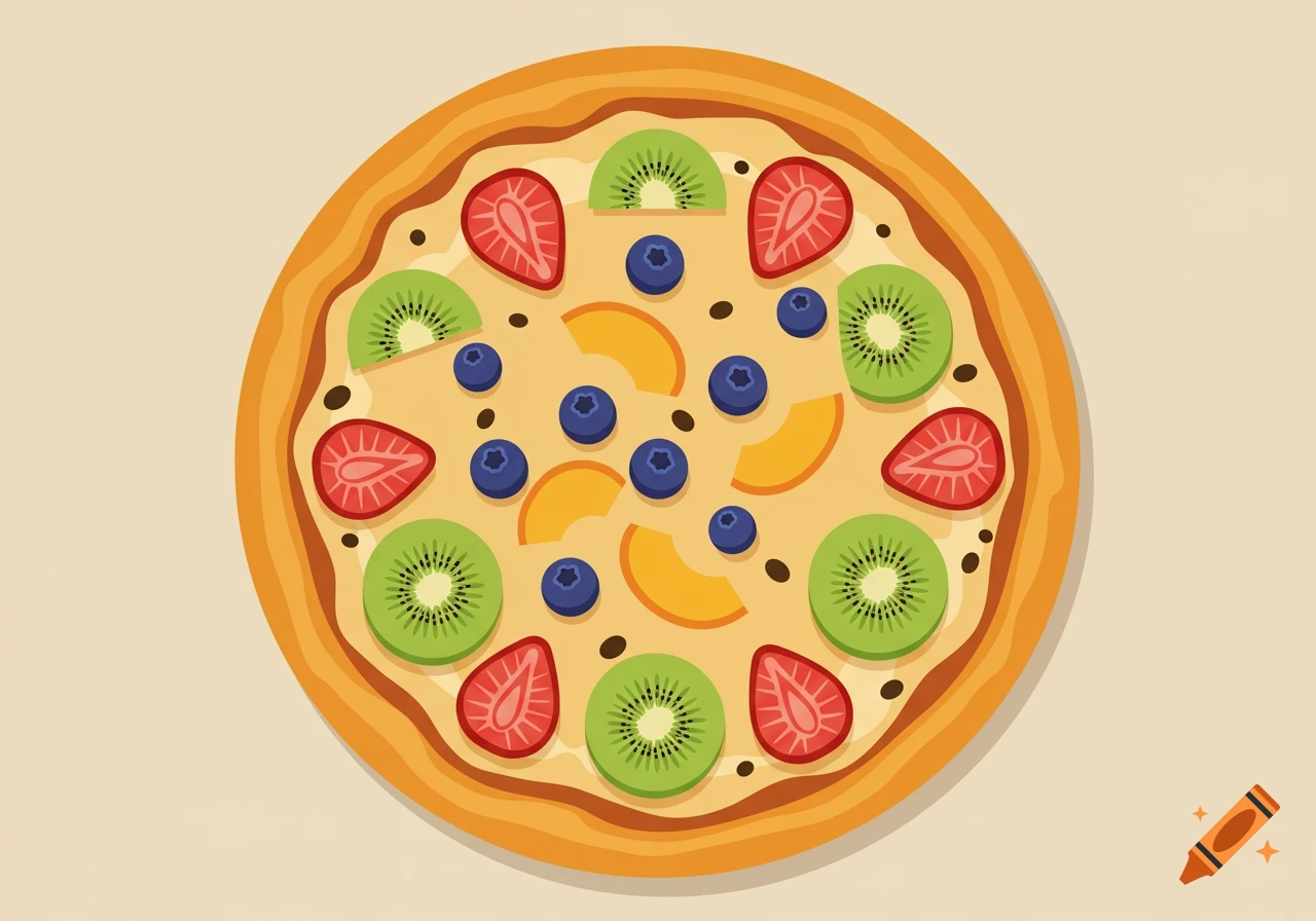 A colorful, top-down flat illustration of a fruit pizza topped with kiwi slices, strawberries, blueberries, and peach segments.