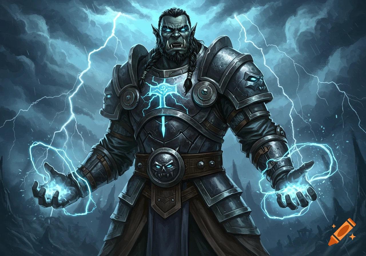 A green-skinned half-orc warrior in detailed metal armor casts blue lightning from his hands amidst a stormy sky in a fantasy art style.
