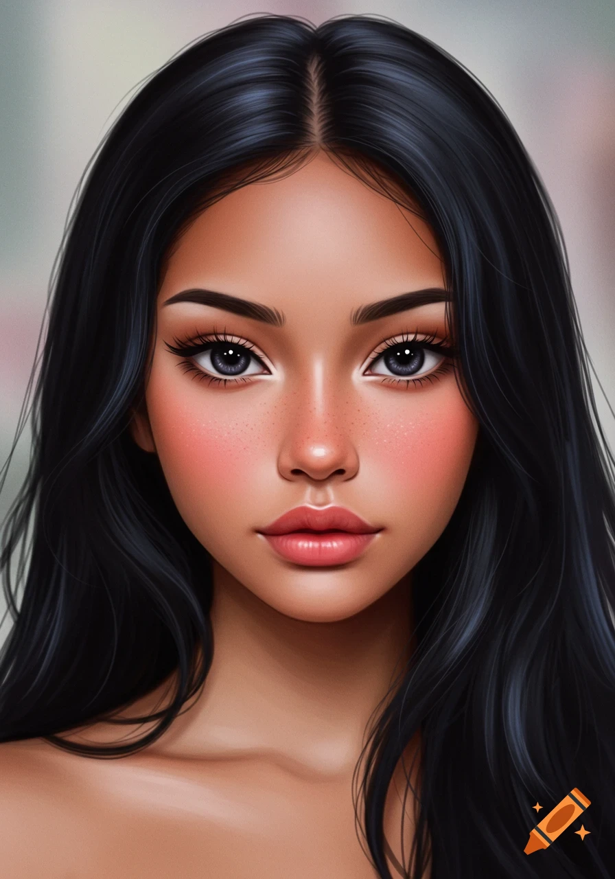 A stylized digital art portrait of a young woman with dark hair, dark eyes, blush, and freckles.