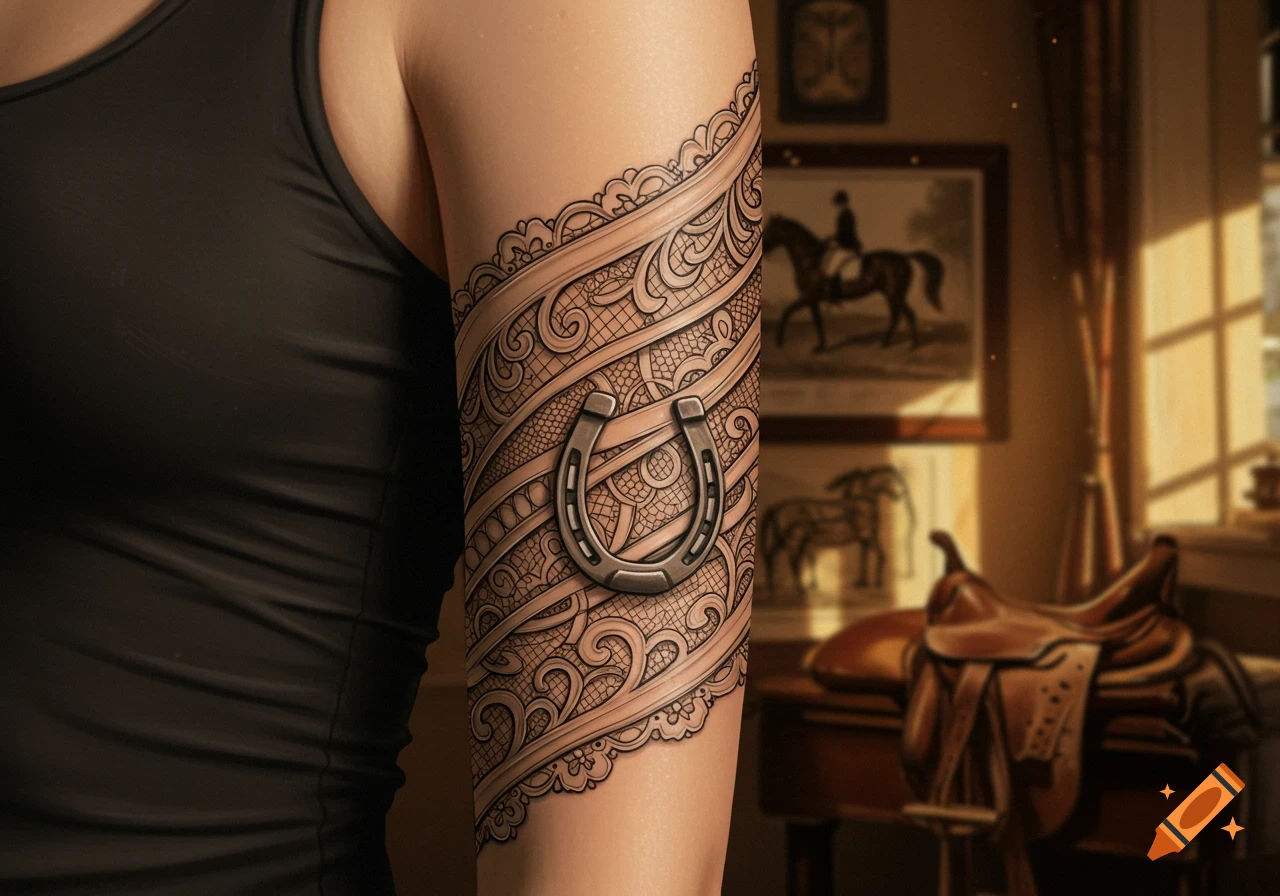 Close-up of an arm with an intricate horseshoe and lace tattoo, in a warm-toned room with equestrian decor.