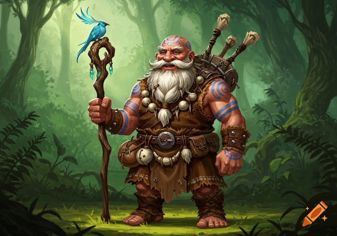 A robust, bearded fantasy druid/barbarian with blue tattoos, wearing a leather outfit, holds a gnarled staff with a blue bird in a lush forest.