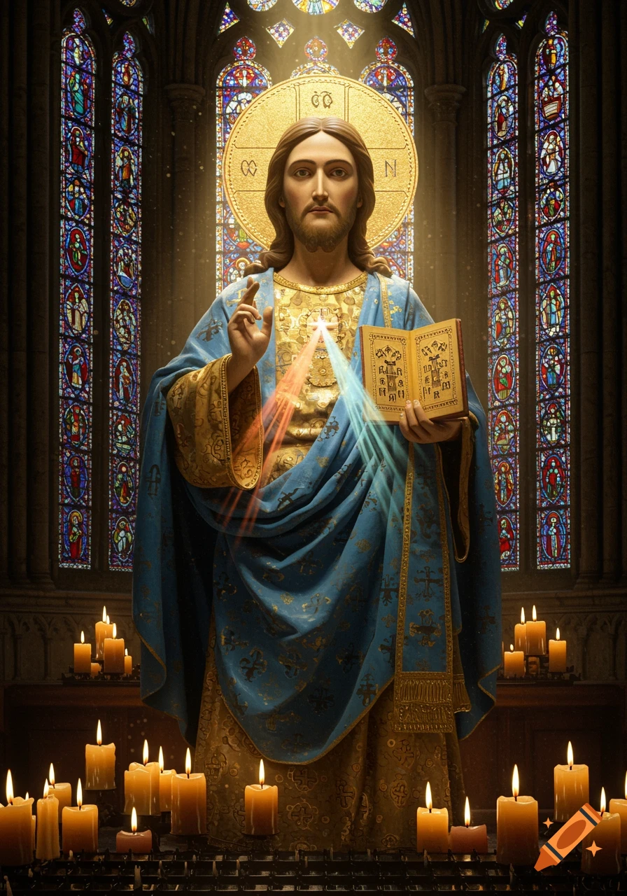 A stylized, photorealistic depiction of Jesus Christ standing in a church, holding an open book, with stained glass windows and many lit candles in the foreground.