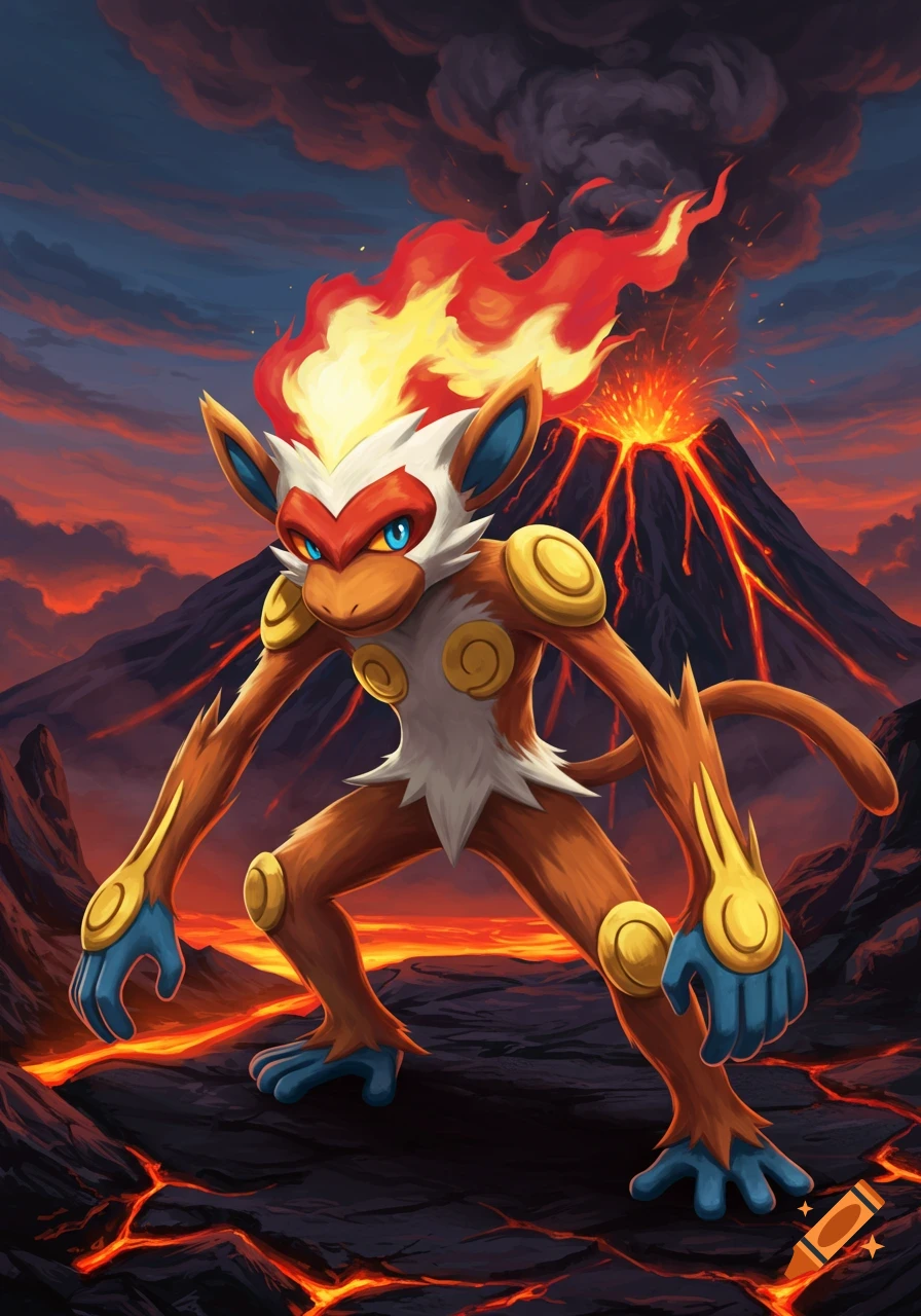 Infernape, a fire-type Pokémon, stands on volcanic ground with an erupting volcano in the background.