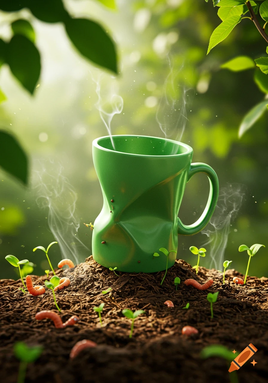 A crumpled green mug sits in soil surrounded by small green sprouts and earthworms, with steam rising, in a lush natural setting.