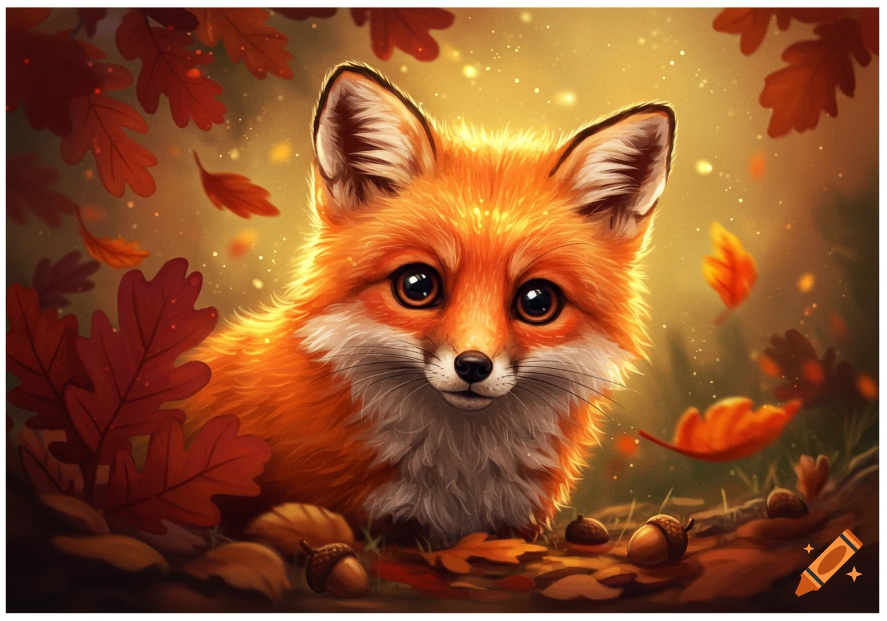 A cute, fluffy orange fox with big eyes peers through red autumn leaves and acorns in a glowing, illustrative style.