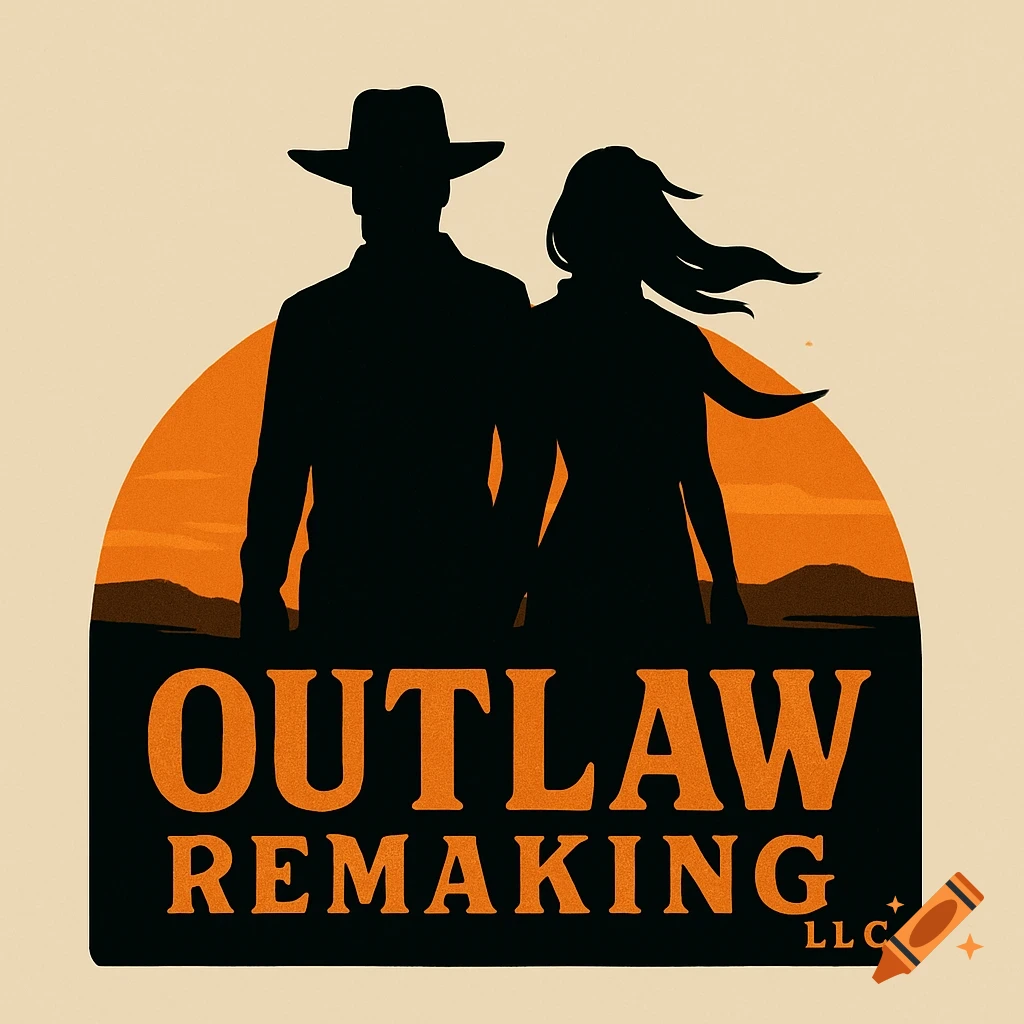 A retro-style logo featuring black silhouettes of a man and woman in western attire against an orange sunset, with the text 'OUTLAW REMAKING LLC'.