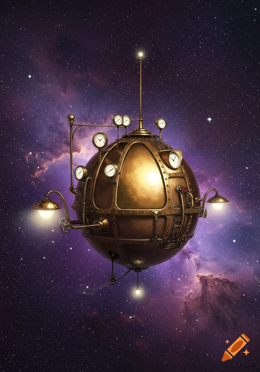 A detailed steampunk-style sphere with gauges, pipes, and lights, resembling a hot air balloon gondola, floats in deep space with purple nebulae and stars.