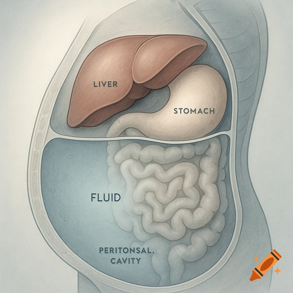 Medical illustration of a human torso showing liver, stomach, intestines, and fluid in the peritoneal cavity due to ascites.