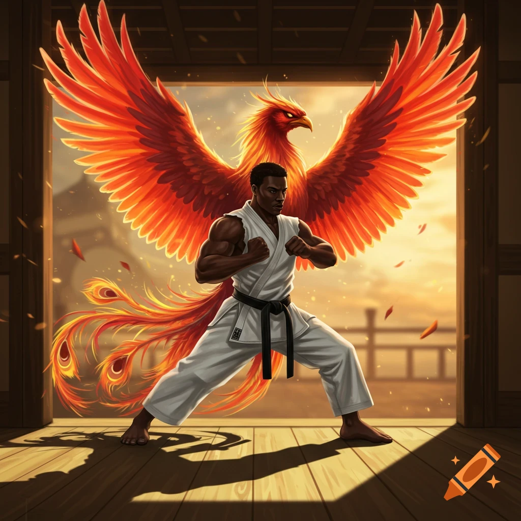 A man in a white karate gi with a black belt stands in a fighting stance, with a large, fiery orange phoenix with outstretched wings behind him in a traditional dojo setting.
