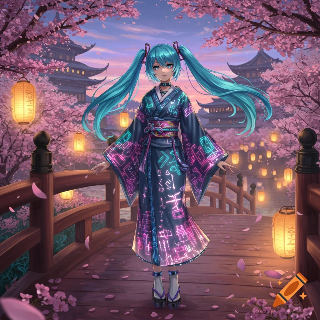An anime girl with long blue pigtails stands on a wooden bridge, wearing a dark kimono with glowing neon pink and blue circuit-like patterns. Cherry blossoms and lanterns adorn the setting sun background with traditional Japanese architecture.