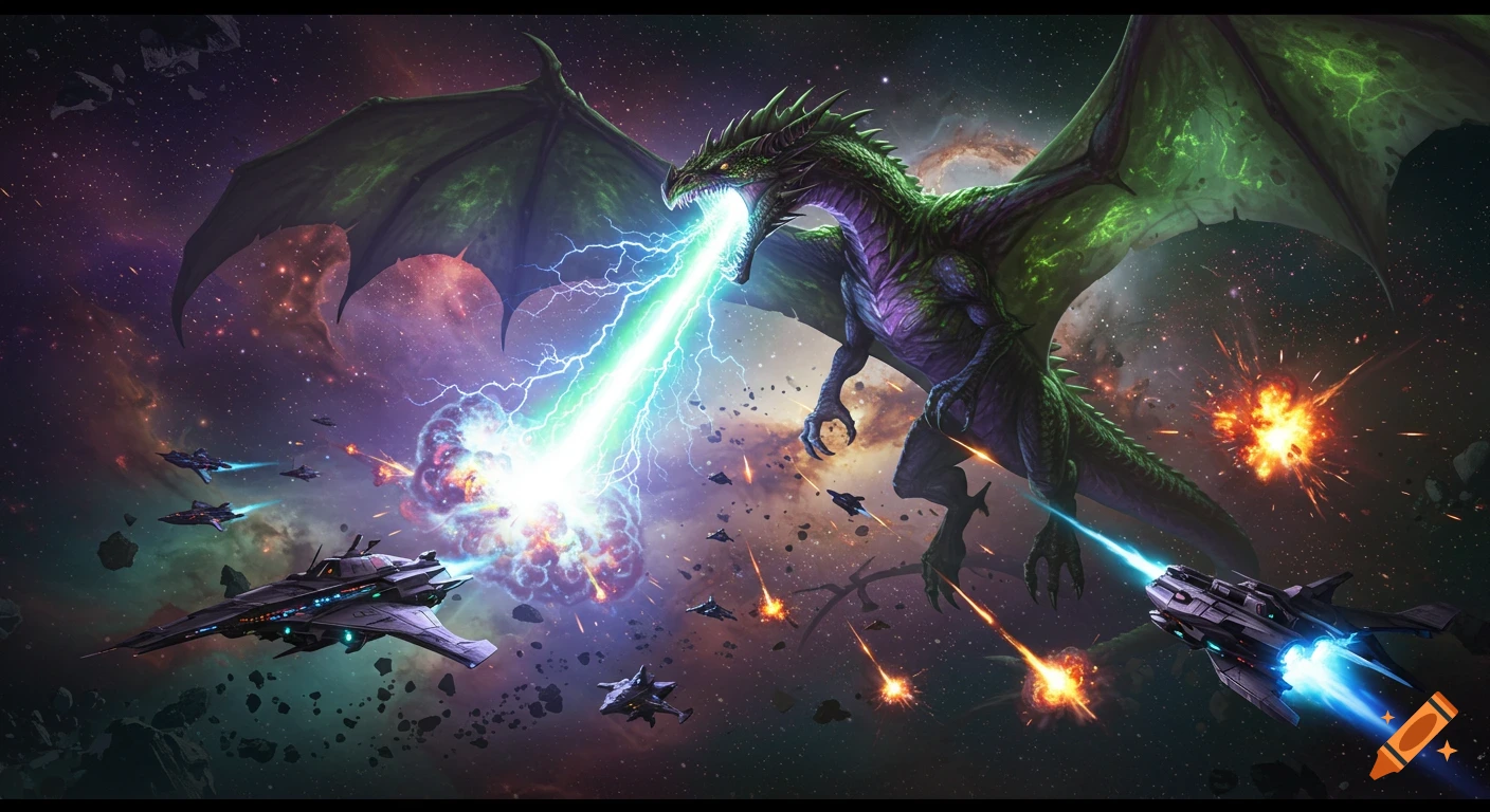 A majestic green dragon blasts spaceships with an energy beam in an epic space battle, surrounded by stars and asteroids.