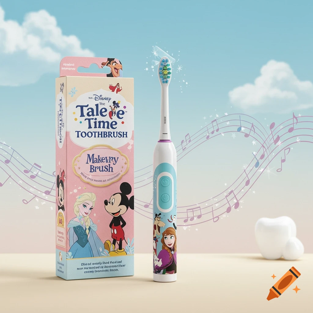 An electric toothbrush with Disney characters and musical notes on its body, next to its pink packaging box featuring Mickey Mouse, Elsa, and the title "The Talee Time Toothbrush". A white tooth model is in the background.