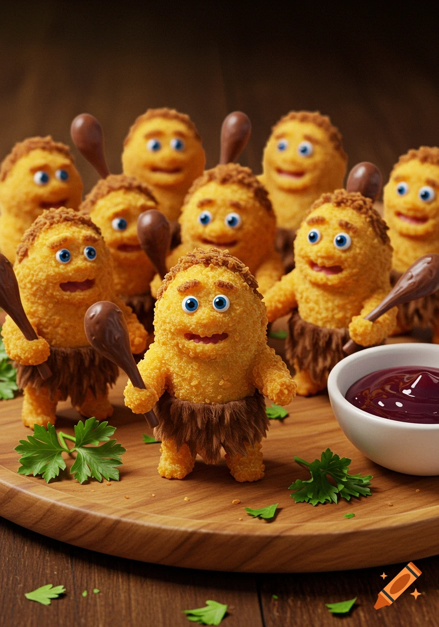 A group of crunchy, golden-brown neanderthal-shaped nuggets with blue eyes and brown fur skirts, holding clubs on a wooden board with a bowl of sauce.