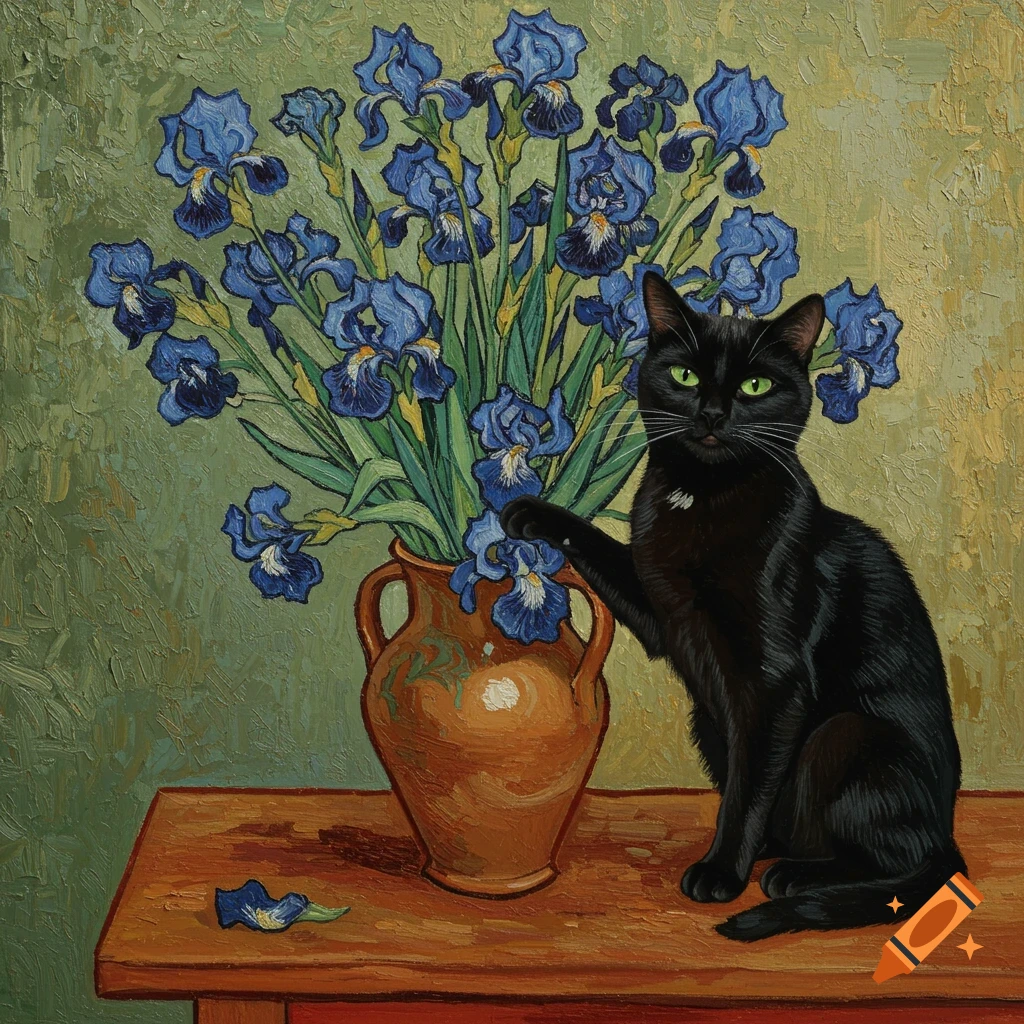 A Van Gogh style painting of a black cat with green eyes reaching for a vase of blue irises on a wooden table.