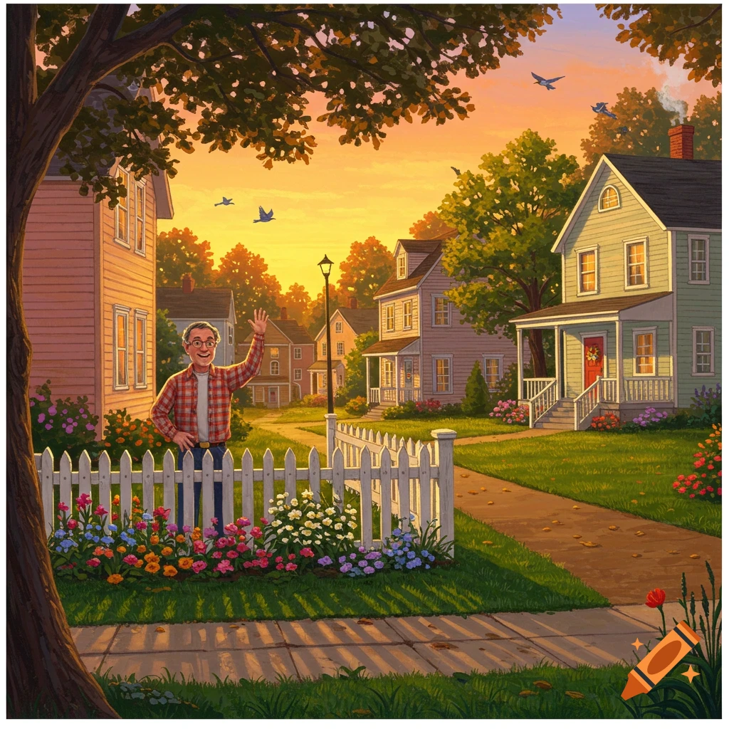 A friendly man in a plaid shirt waves from behind a white picket fence, surrounded by colorful flowers in a bright, suburban neighborhood at sunset.
