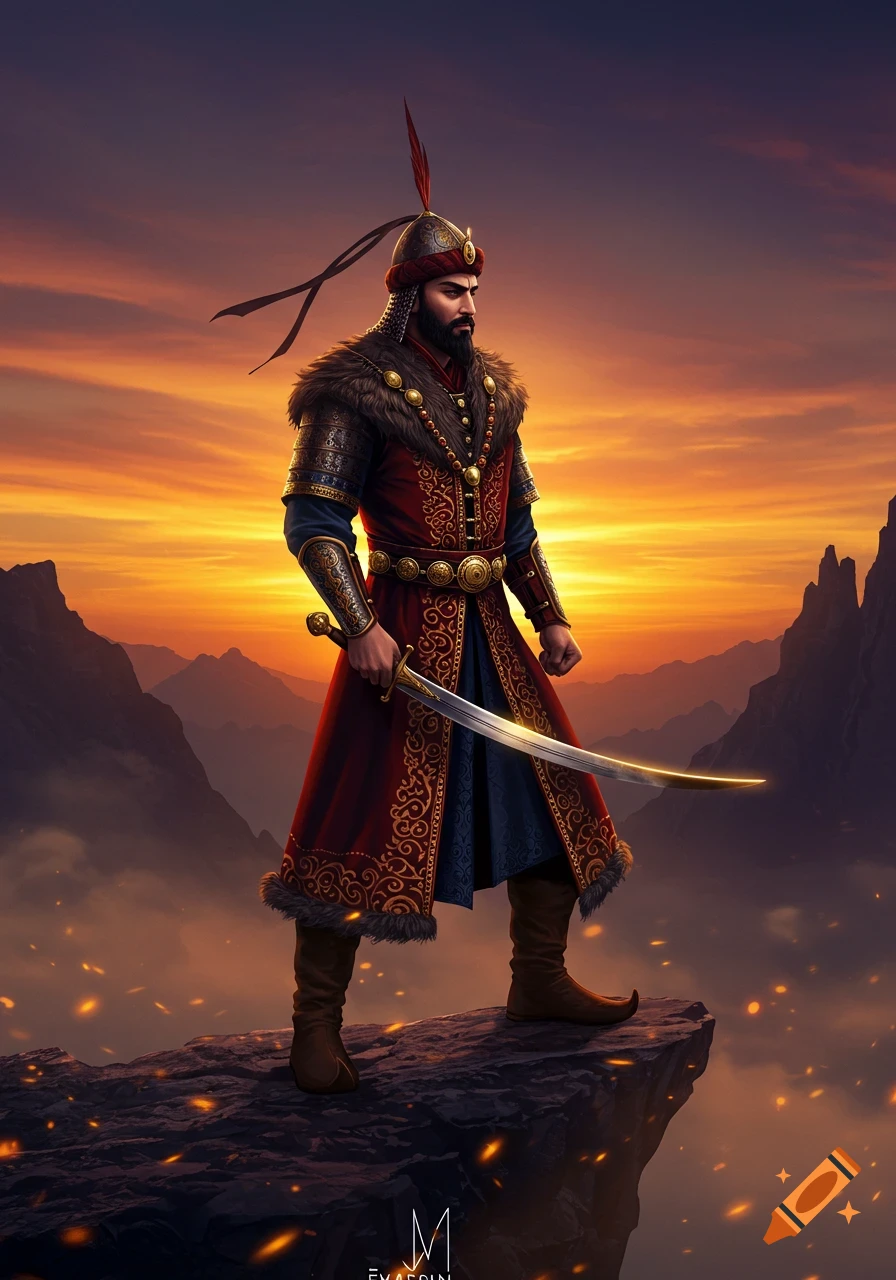 A bearded warrior in ornate historical armor and fur-lined cloak stands on a rocky cliff at sunset, holding a curved sword.