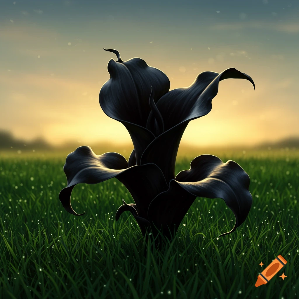 A striking black calla lily-like plant stands in a lush green field under a warm sunset sky.