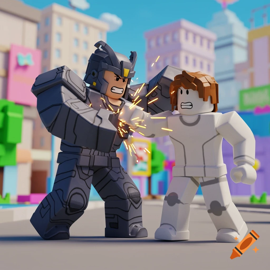Two Roblox characters in armor and white clothing clash fists with sparks in a blocky city scene.