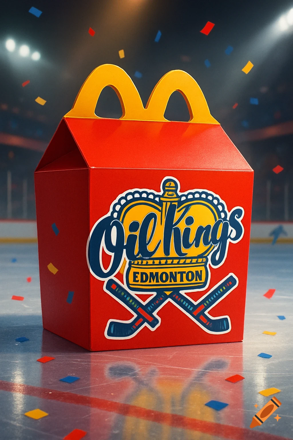 A red McDonald's Happy Meal box with an Edmonton Oil Kings hockey logo sits on an ice rink with confetti.