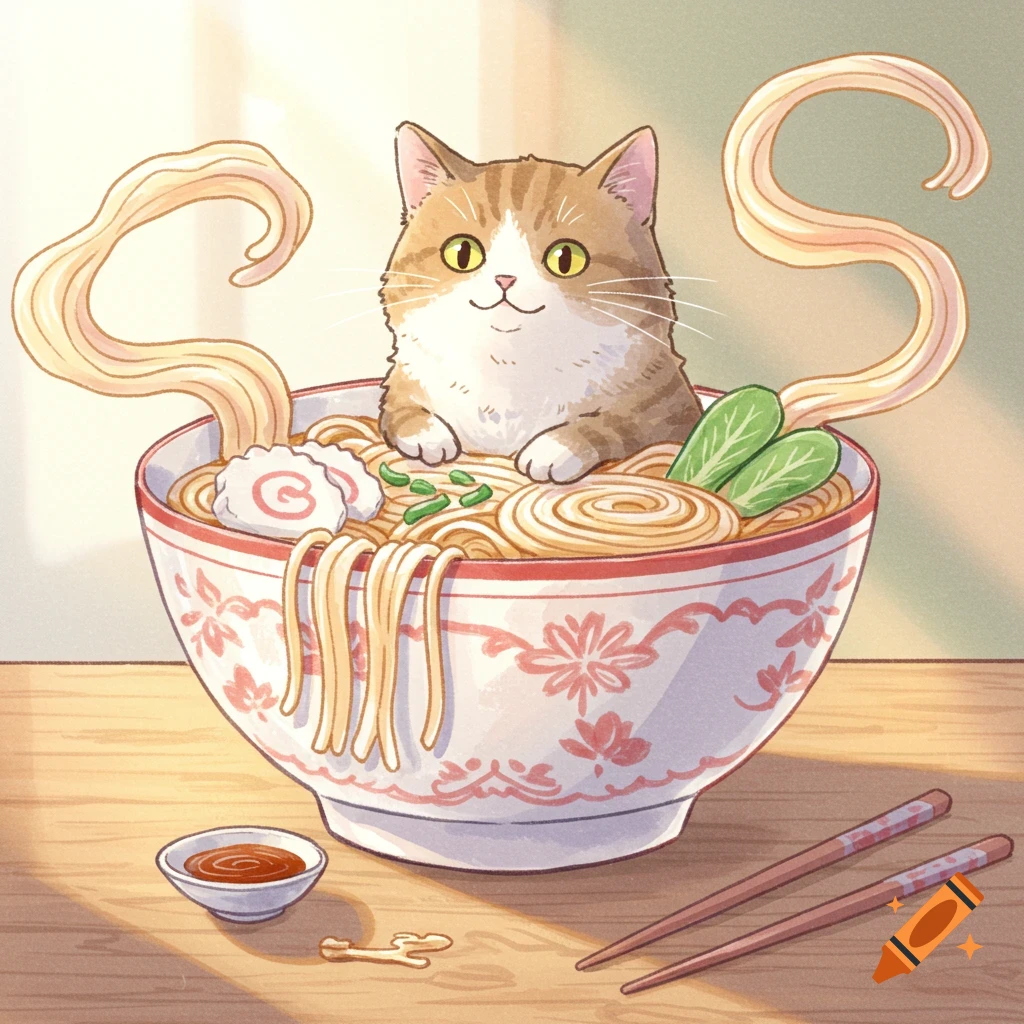 A cute tabby cat sits in a large bowl of ramen noodles with chopsticks nearby, in a watercolor style illustration.