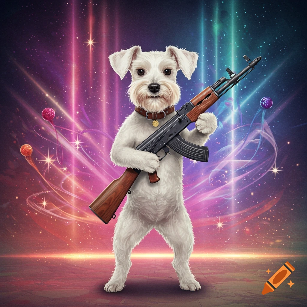 A white miniature schnauzer dog holds an AK47 rifle, standing against a vibrant, glowing cosmic background.