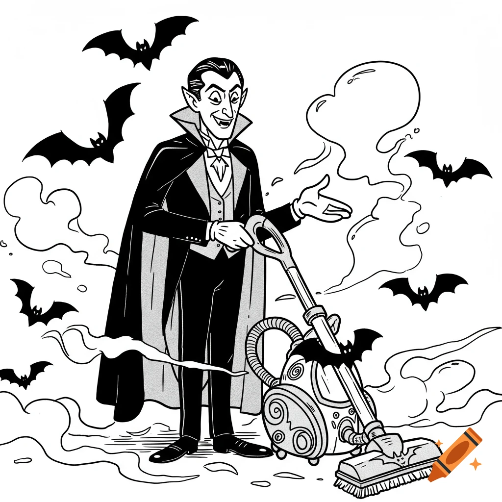 Black and white cartoon of Dracula holding a vacuum cleaner, surrounded by flying bats and swirling smoke.