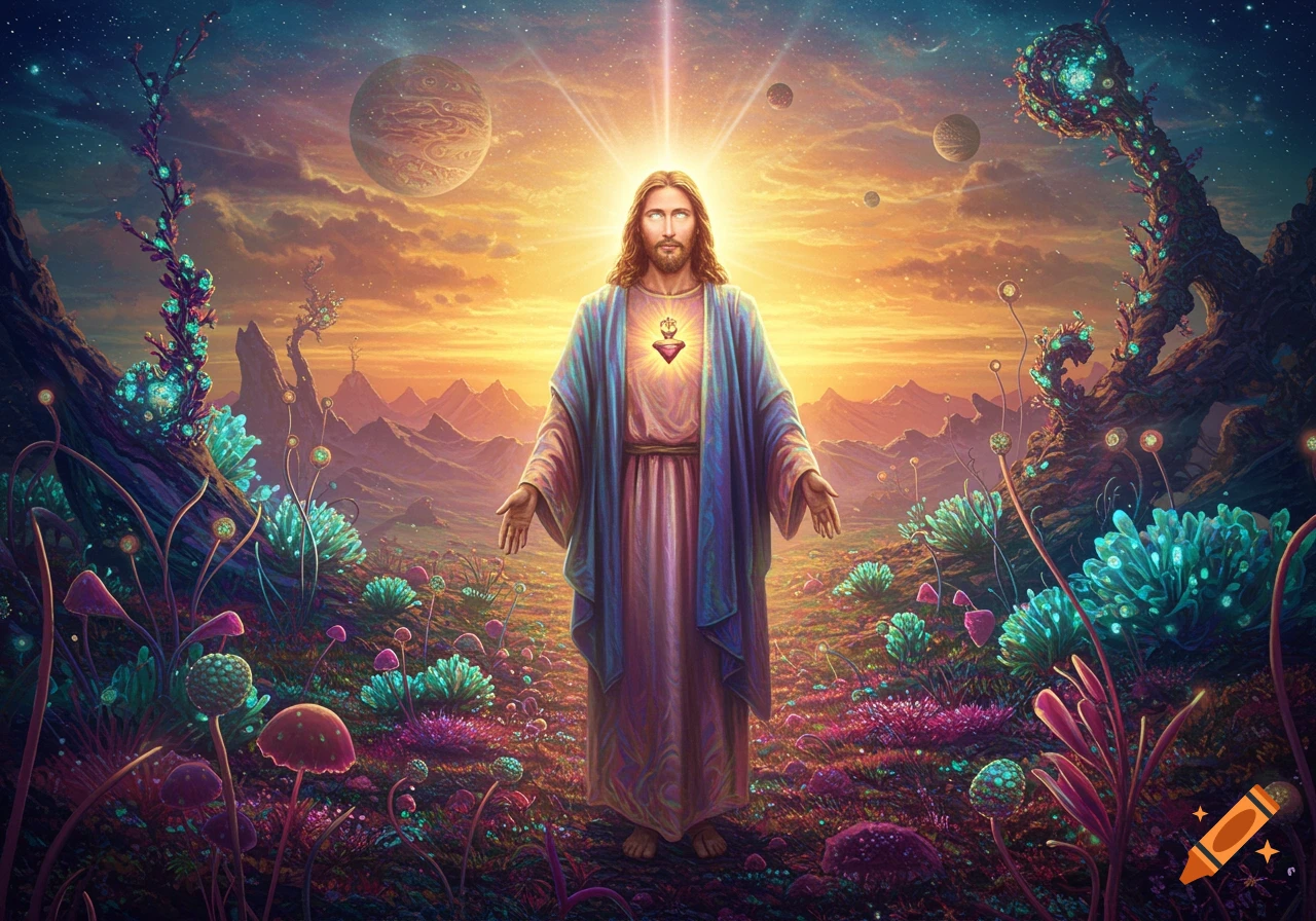 Jesus stands in a vibrant, surreal cosmic landscape with glowing flora, planets, and a brilliant sky.
