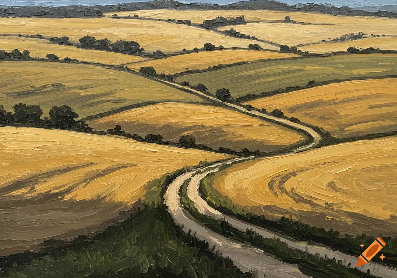An abstract oil painting of rolling country fields with a winding road.