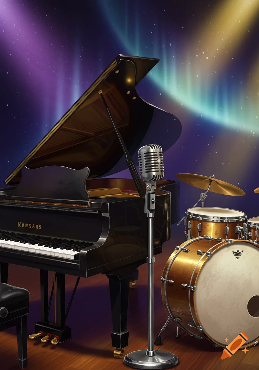 A grand piano, vintage microphone, and drum set on a stage with a vibrant aurora background.