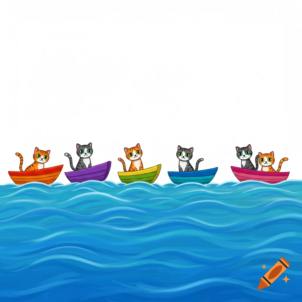 Cartoon illustration of six cute cats in colorful boats on blue water waves with a white background.