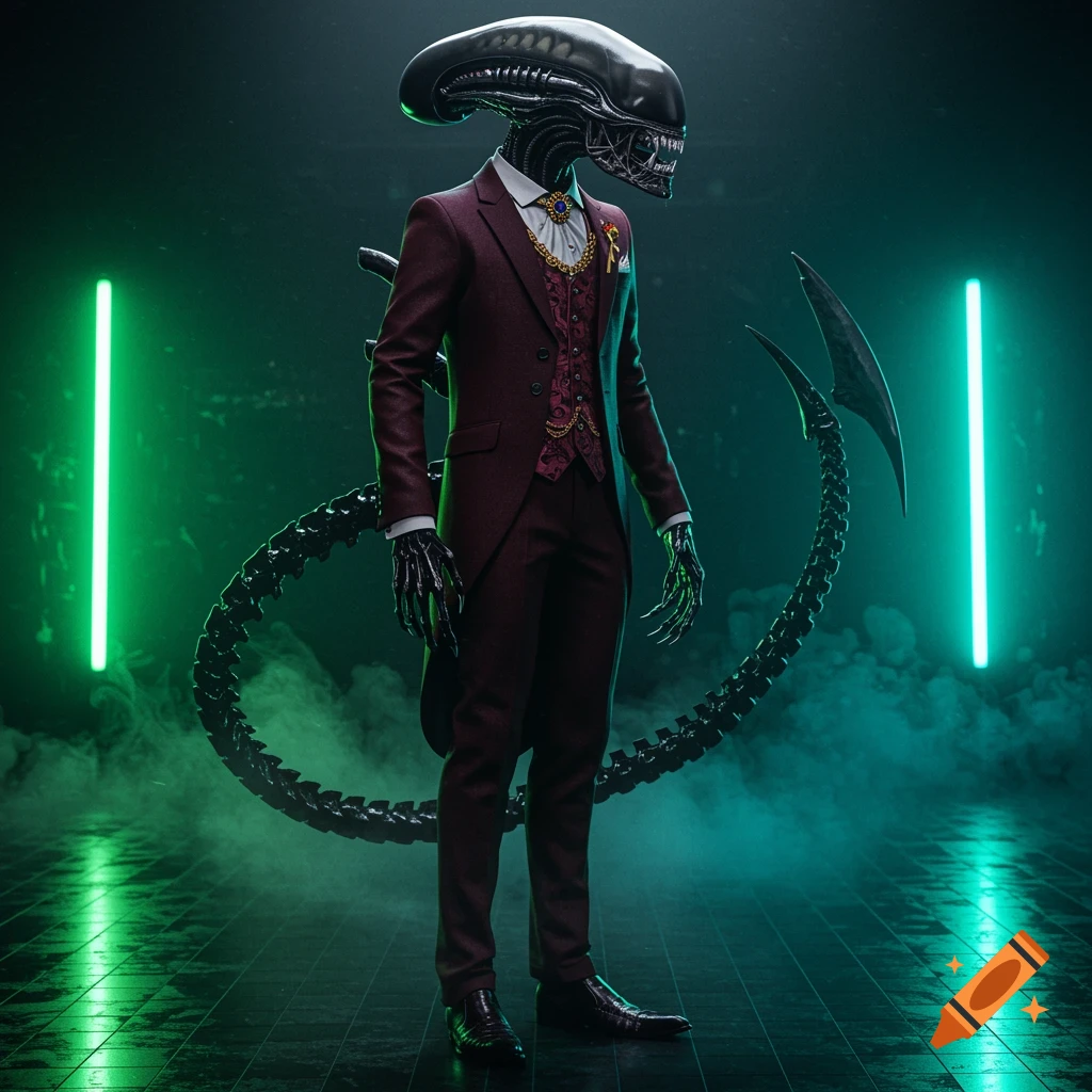 A photorealistic depiction of a Xenomorph in a maroon suit and vest, standing in a dark room with green neon lights.