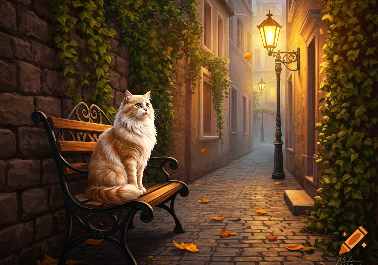 An orange and white cat sits on a bench in a narrow, cobblestone alleyway at dusk, illuminated by streetlights, in an illustrative style.