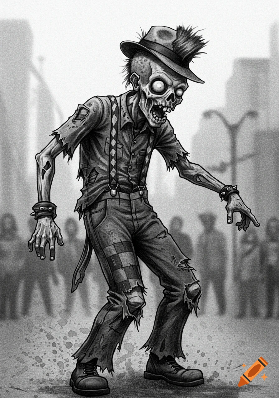 Grayscale illustration of a zombie in a fedora, ripped shirt, suspenders, checkered pants, and boots, with spiked wristbands, in an urban setting.