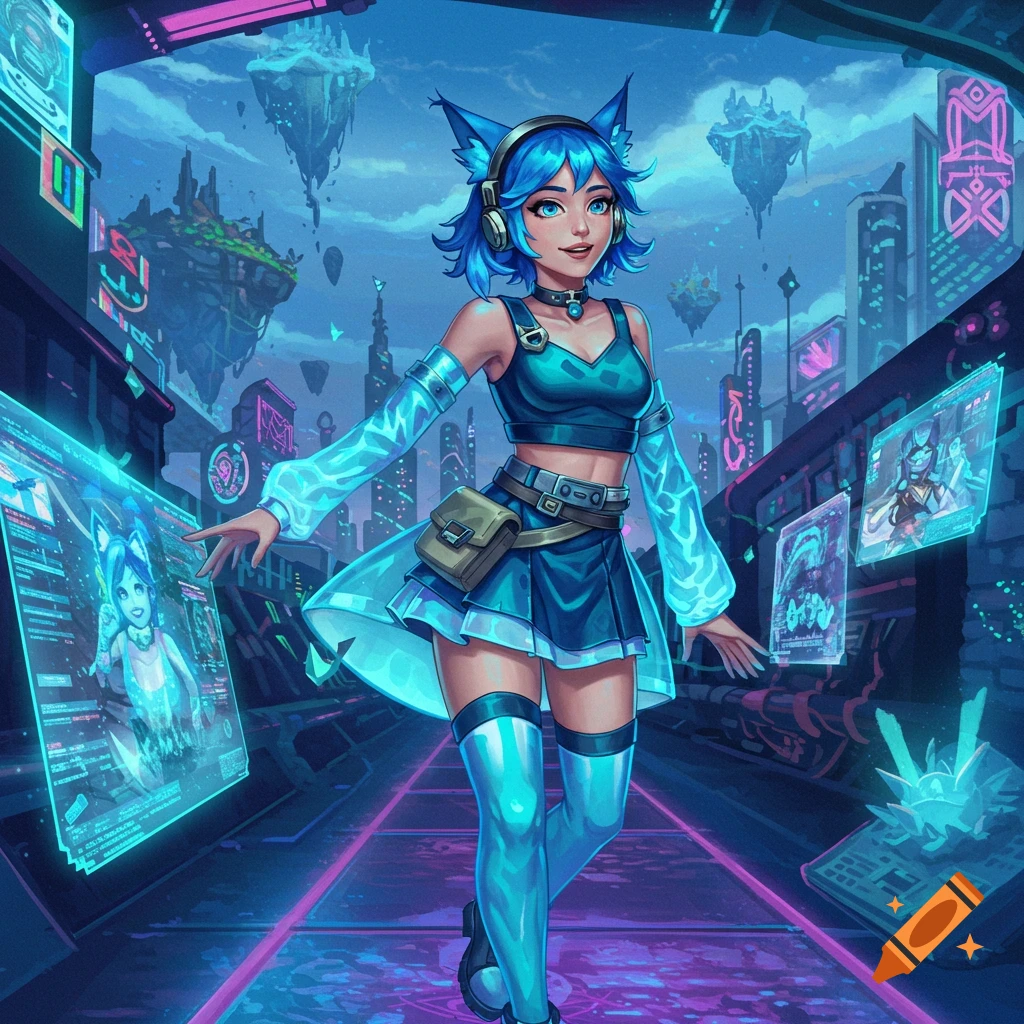An anime girl with blue hair and cat ears wears headphones and a futuristic outfit, standing in a neon-lit cyberpunk city with floating islands and holographic screens.