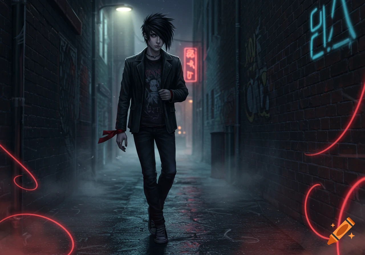 A young male figure with dark, spiky hair and dark clothing stands in a dimly lit, foggy alley with neon signs.