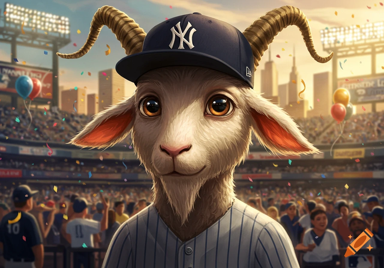 A stylized goat wearing a New York Yankees baseball cap and pinstriped jersey stands in a crowded baseball stadium during a game, with confetti in the air.